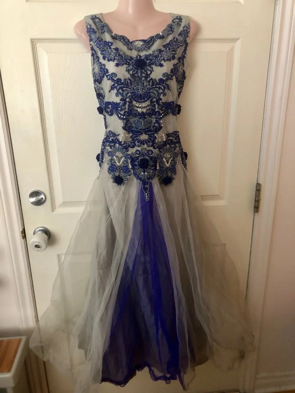 Formal Prom Maxi Dress S/M Embroidered Grey & Blue Indian Style Anarkali Gown - Picture 4 of 15
